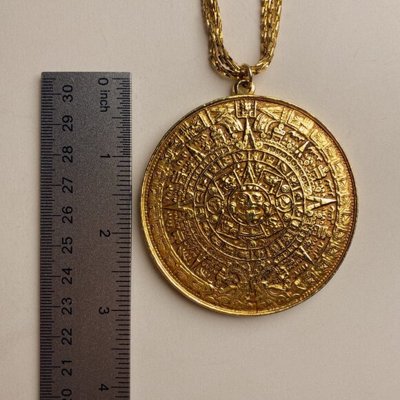 Vintage Alva Museum Replicas Aztec Calendar Stone Medallion Relic Gold Necklace - Picture 13 of 13